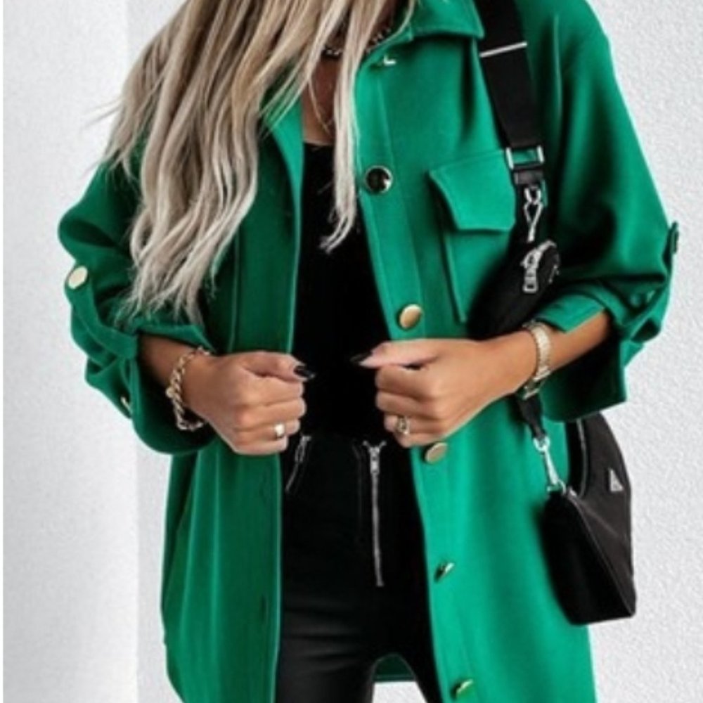 Women's Green Loose Lapel Pocket Jacket